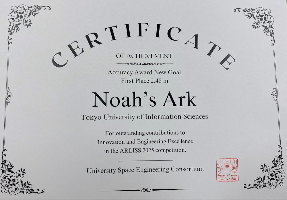 Noah's Arkチーム新ゴール1位賞状